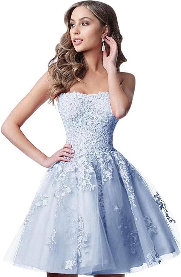 Lace Homecoming Dresses Short A Line Strapless Formal Cocktail Party Gowns (2, Light Blue)