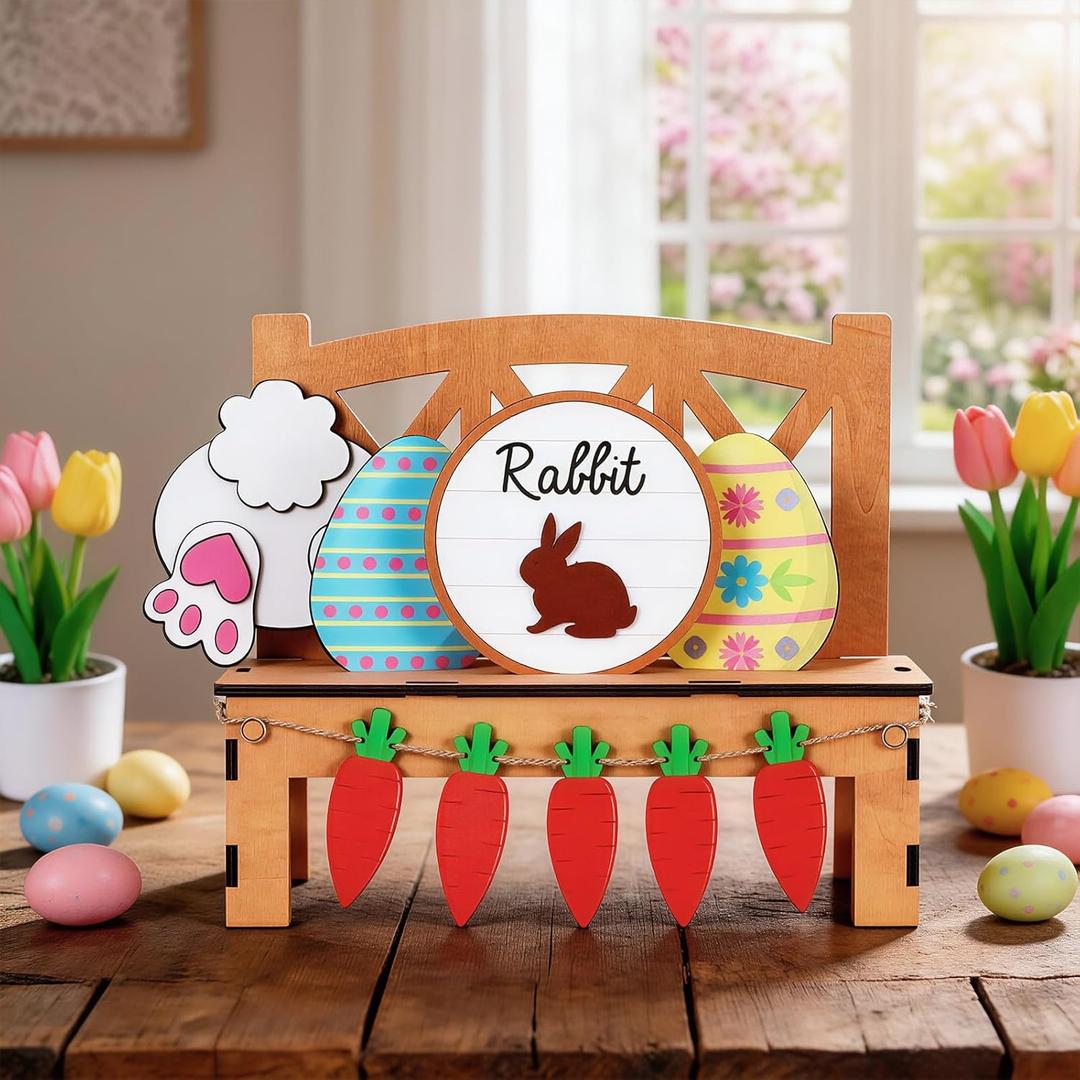 Yinkin 10 Piece Easter Table Signs Decor Wooden Rustic Easter Table Bench Centerpiece Farmhouse Bunny Eggs Carrots Chair DIY Decorations for Spring Holiday Home Decor
