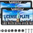 Car Plate Frames Black and White License Plate Protector Angels are Watching Over Me Universal Aluminum Car Accessory 2 Pack with Screw Covers Set