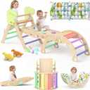 Pikler Triangle Set with Cushion - 9 in 1 Toddler Climbing Gym - Montessori Wooden Climbing Toys with Maze, Shape Sorting, Dinosaur Car (Ages 1-3, Rainbow)