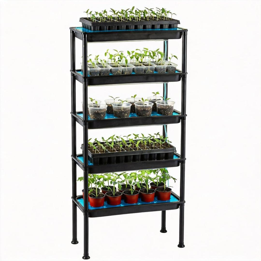 RooTrimmer 5-Tier Hydroponics Growing System, Plant Stand, Ebb and Flow Seedbeds, Siphoning Circulation Watering for Indoor/Greenhouse, Designed for Seed Starter Nursery Cell Trays, Plant Pots
