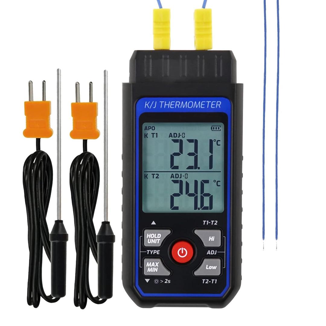 Dual-Channel K/J Thermocouple Thermometer with 4 K-Type Thermocouples -328F ~ 2501F Measurement Range HVAC Temperature Meter Gauge with Data Hold, MAX/MIN/AVG, Hi/Lo Backlit Alarm, ADJ Compensation