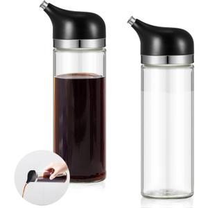 2 Pcs Cruet Dispenser Set 8 oz, Black Glass Soy Sauce Dispenser, Small Olive Oil and Vinegar Bottles, Soy Sauce Bottle, Non Drip Spout Cruet Bottle Container for Kitchen Cooking