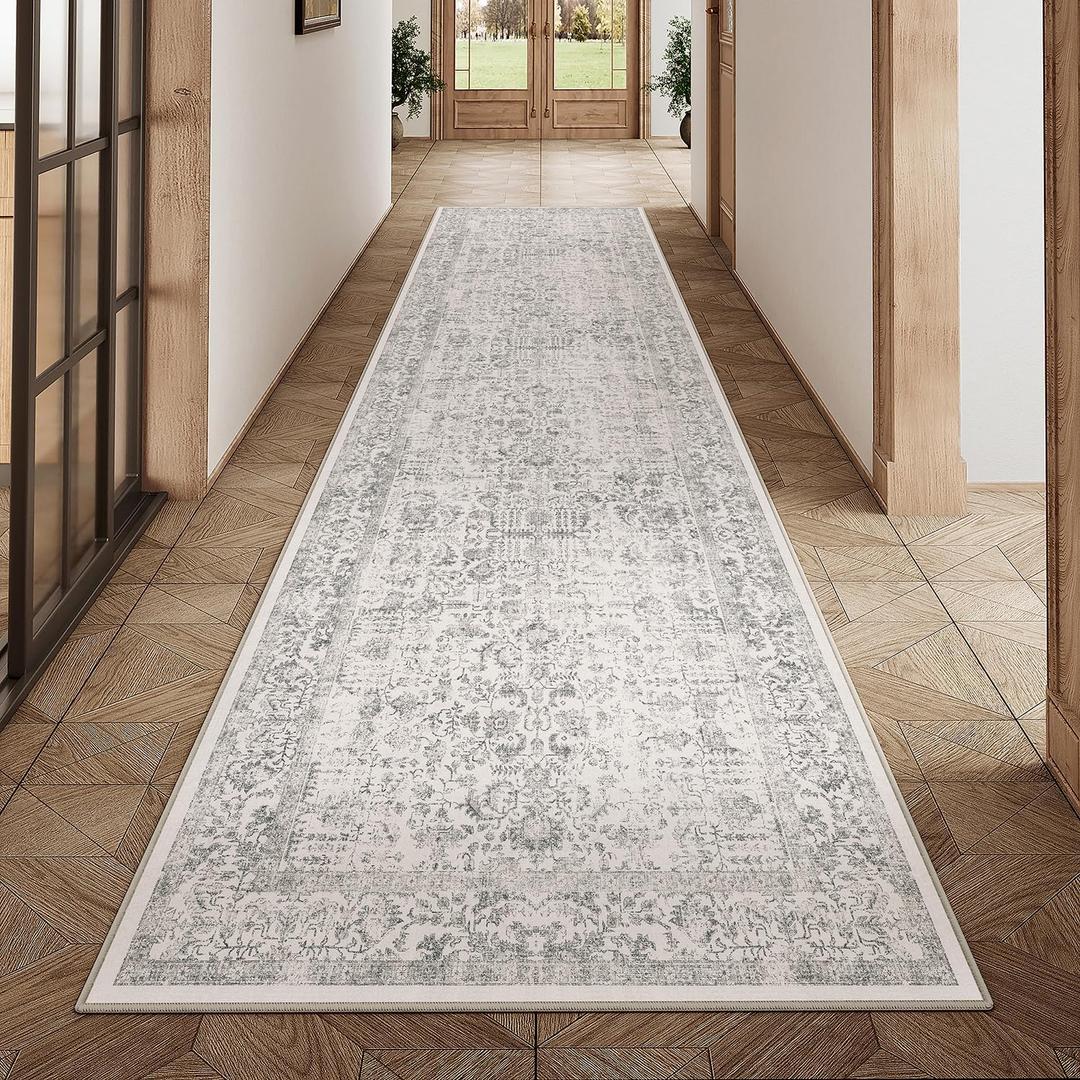 Gray Runner Rug 2x14 Hallway Machine Washable Kitchen Vintage Distressed Non Slip Long Carpet Indoor Grey Retro Floral Bedroom Accent Throw Rug for Bathroom Office Laundry Dining Living Room