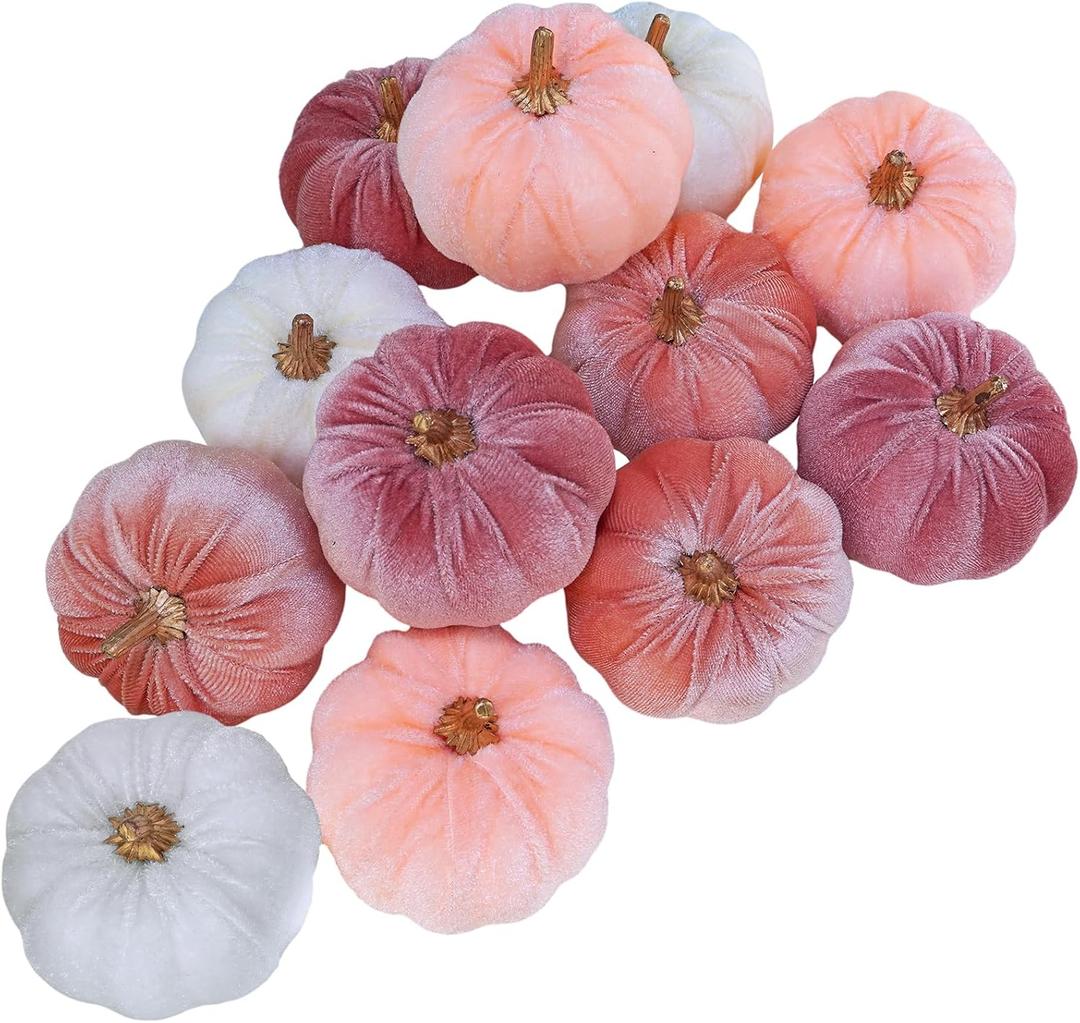 Winlyn 12 Pcs Small Rustic Faux Velvet Pumpkins Decorative Blush Coral Pink Peach Ivory Fabric Foam Pumpkins 3" for Fall Wedding Bbay Shower Thanksgiving Halloween Table Centerpiece Dcor
