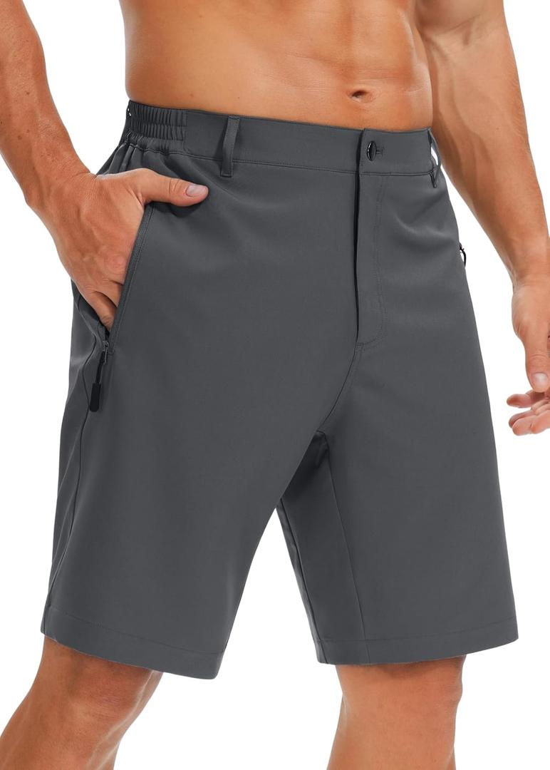 Mens Casual Shorts 9" Lightweight Golf Shorts with 3 Zipper Pockets Quick Dry Stretch Comfy Work Shorts Hiking (Black, M)