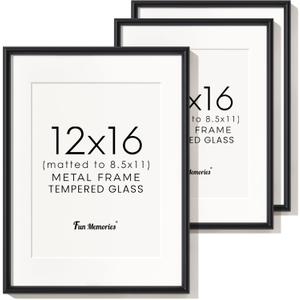 12x16 Picture Frame Black, Aluminum Picture Frames 12"x16" Set of 3, 12x16 Picture Frame with Mat for 8.5x11, 12 by 16 Frame Real Glass, 12 x 16 Metal Frame for Home Decor