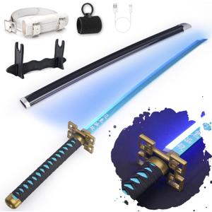 RENGENG Light Up Sword, 40 Inches Rechargeable Plastic Replica with Belt & Stand, Sword with Original Texture