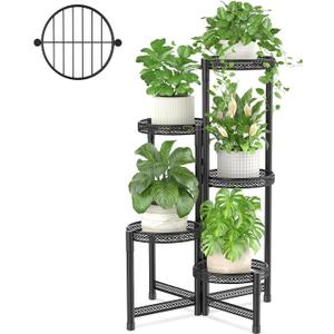 iDavosic.ly Plant Stand Indoor Outdoor, 5 Tier Corner Metal Flower Display Holder Shelf, Folding Tall Orchid Rack for Patio Balcony Porch Garden Living Room House, Wrought Iron - Modern Black