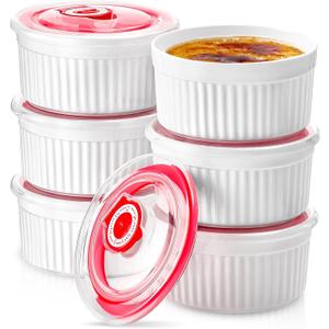 Mfacoy Ramekins with Lids Set of 6, 8 oz Porcelain Creme Brulee Souffle Ramekins with Covers, White Pudding Custard Cups Ramiken for Baking, Small Bowls for Sauces Dessert, Dishwasher and Oven Safe