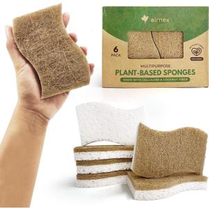 Biodegradable Natural Kitchen Sponge - Compostable Cellulose and Coconut Walnut Scrubber Sponge (6 Pack)