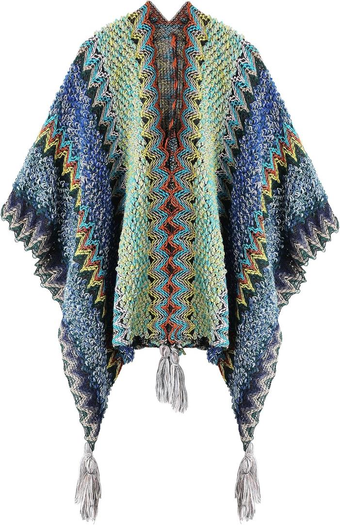 Knit Shawl Wrap Poncho Cape for Women, Ladies Knitted Cardigan Kimono with Fringe for Fall Winter (Blue Pattern)