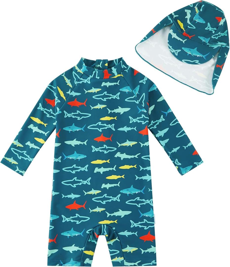 upandfast Baby/Toddler Swimsuit UPF 50+ Sun Protection One Piece Zipper Bathing Suit with Sun Hat Infant Beach Swimwear (3-6 Months, Peacock Blue Shark)