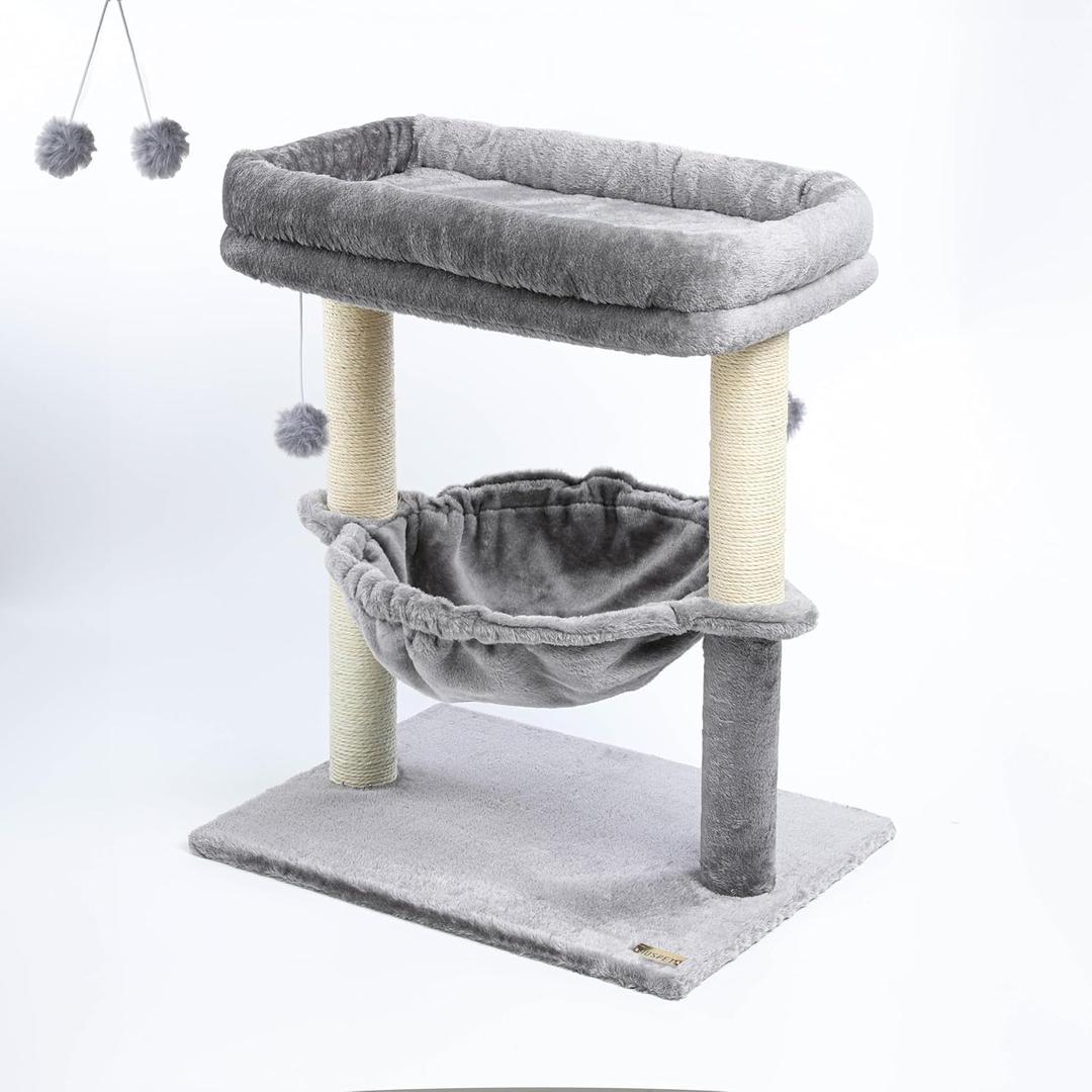 24-inch Cat Tree for Indoor Cats & Kittens  Multi-Level Cat Tower with Hammock & Scratching Post  Sturdy Perch for Large Cats  Space-Saving Small Cat Bed  Light Gray