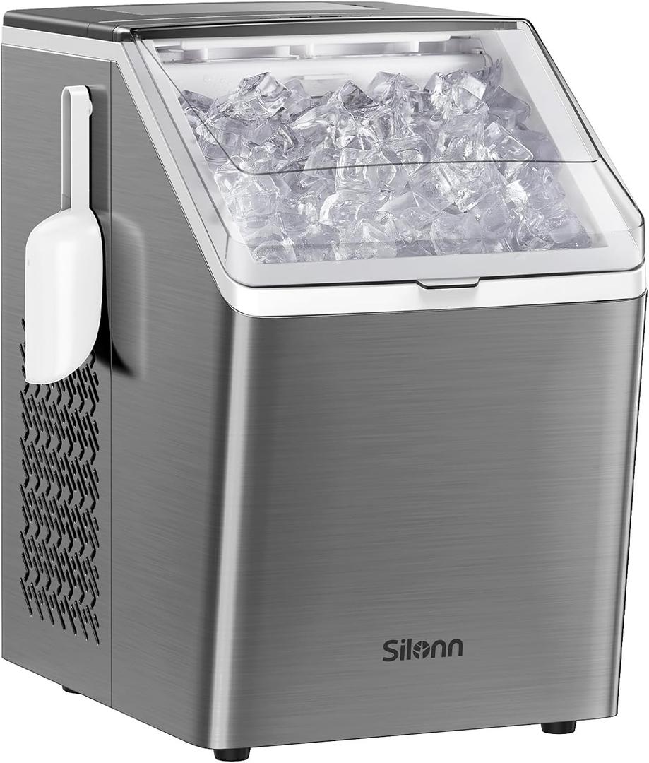Silonn Ice Makers Countertop, 44lbs Per Day, 2 Ways to Add Water, Auto Self-Cleaning, Stainless Steel Ice Machine for Home Office Bar Party (Silver)