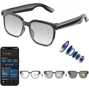 AI Smart Glasses with Camera,8MP Camera Glasses,1080P Anti-Shake Video Recording Glasses, Real Time Translation,AI Voice Assistant,Object Recognition,Bluetooth Sunglasses for Men Women (Photochromic)