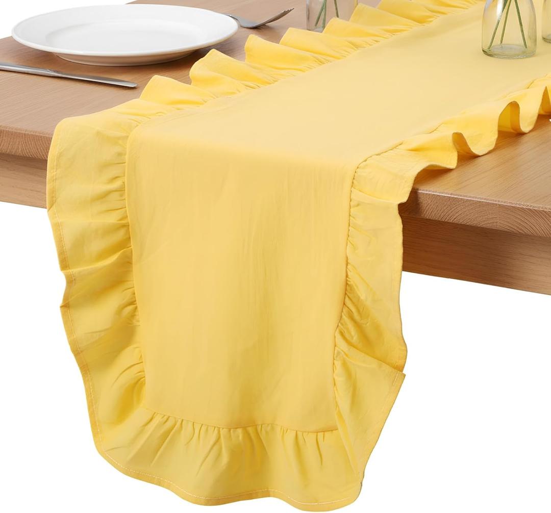 Oudain Yellow Ruffle Table Runner Cotton Fabric 118 x 13.8'' Farmhouse Rustic Ruffled Edge Table Runner Wedding Decor for Spring Baby Shower Bridal Shower Party