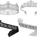 Lyrow 4 Pcs Prom King and Queen Crowns Set with Sashes, King Crowns for Men Rhinestone Princess Crown Tiara for Women 80s Prom Party Gift for Graduation Wedding Birthday Costume(Crystal Style,Silver)