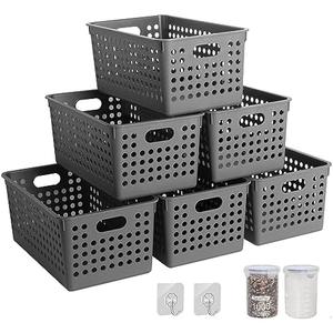 Pafino 6PACK Plastic Storage Baskets - Small Pantry Organizer Bins Stackable Basket Household Organizers for Kitchen, Shelves, Countertops, Desktops, Cabinets, Bedrooms and Bathrooms (Grey)