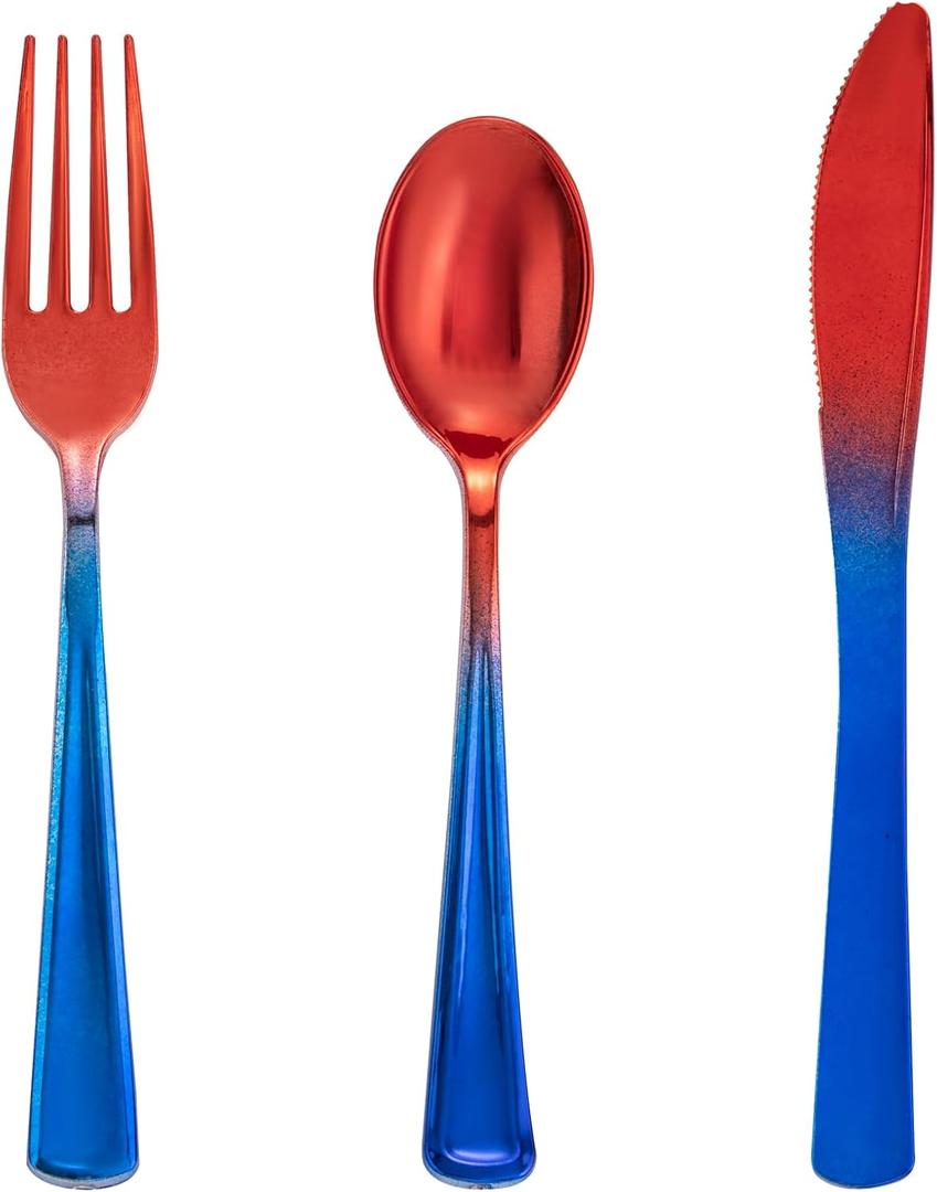 Supernal 120pcs 4th of July Silverware Set | Red and Blue Plastic Silverware (40 Forks, 40 Spoons, 40 Knives) | Heavy Duty Patriotic Plastic Cutlery & Flatware Party Supplies, Serves 40 Guests