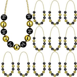 Lyrow 12 Pcs Happy New Year Jumbo Ball Necklace Bulk 2026 Black Gold New Year Eve Bead Necklace Party Accessories Assorted Holiday Beaded Costume for Party Favors