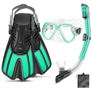 Snorkeling Gear for Adults, 4 in 1 Adult Snorkel Set with Panoramic View Snorkel Mask, Dry Top Snorkel, Adjustable Short Fins and Travel Bag, Snorkel Set with Fins for Snorkeling Diving (Turquoise Blue/Transparent) (S/M)