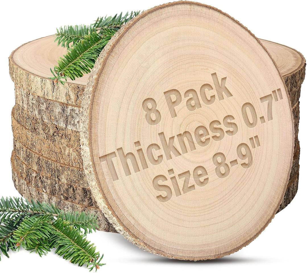 8pcs Wood Slices for Centerpieces 8-9inchs-Christmas Rustic Wood Circles Wedding Table Decor-Unfinished Baby Shower Wood Rounds for DIY Crafts