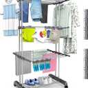 4 Tier Clothes Drying Rack Oversized, Foldable& Adjustable Height Rolling Clothes Rack Stainless Steel with 4 Castor, 24 Drying Poles,14 Hook& 2 Sock Clippers, Drying Rack Clothing for Indoor& Outdoor