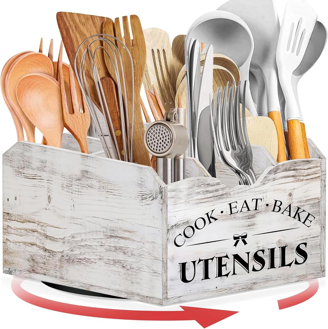 [Upgraded] Extra Large Kitchen Utensil Holder for Countertop with 360 Rotating Base, 6 Compartments, Removable Divider, Wooden Utensil Organizer for Countertop, Farmhouse Kitchen Decor