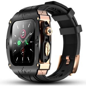 Luxury Metal Case for Apple Watch 8 7 45mm 6 44mm Band with Cover Heavy Duty Rugged Case Silicon Strap for men iWatch 6 5 4 SE 44mm Full Protective Cover (Black-Rose Gold)