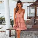 ECOWISH Summer Dresses for Women 2026 V-Neck Spaghetti Strap Bowknot Backless Sleeveless Lace Mini Swing Skater Dress (Pink, M)