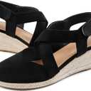 HARENCE Espadrilles Wedge Sandals for Women: Comfortable Closed Toe Ankle Strap Summer Dressy Platform Heels Shoes (8, Black)