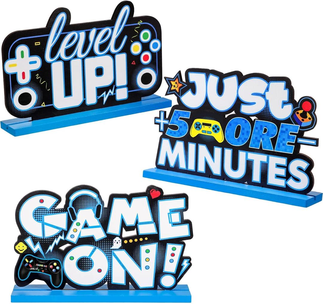 Frienda 3 Pcs Video Games Party Decorations Centerpieces Wood Level up Game on Birthday Table Decorations Gamer Party Centerpieces Pixelated Table Sign for Boys Kids Birthday Parties(Blue)