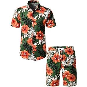 JOGAL Men's Flower Casual Button Down Short Sleeve Hawaiian Shirt Suits Small Green