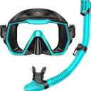 Snorkel Set Adults Snorkeling Gear Anti-Leak and Anti-Fog Tempered Glass Lens Panoramic View Swim Mask Dry Top Snorkel Kit for Snorkeling Scuba Diving Swimming Travel with Carry Bag (Water Green+Black)