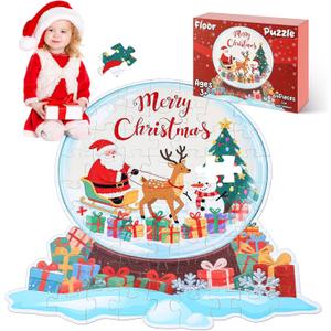 Juexica Santa Claus Floor Puzzle for Kids Ages 3+, 26 x 24 Inches Extra Large Winter Elk Xmas Tree Merry Christmas Puzzle for Age 3-8 Girls & Boys Toddle Gift, 64 Pieces