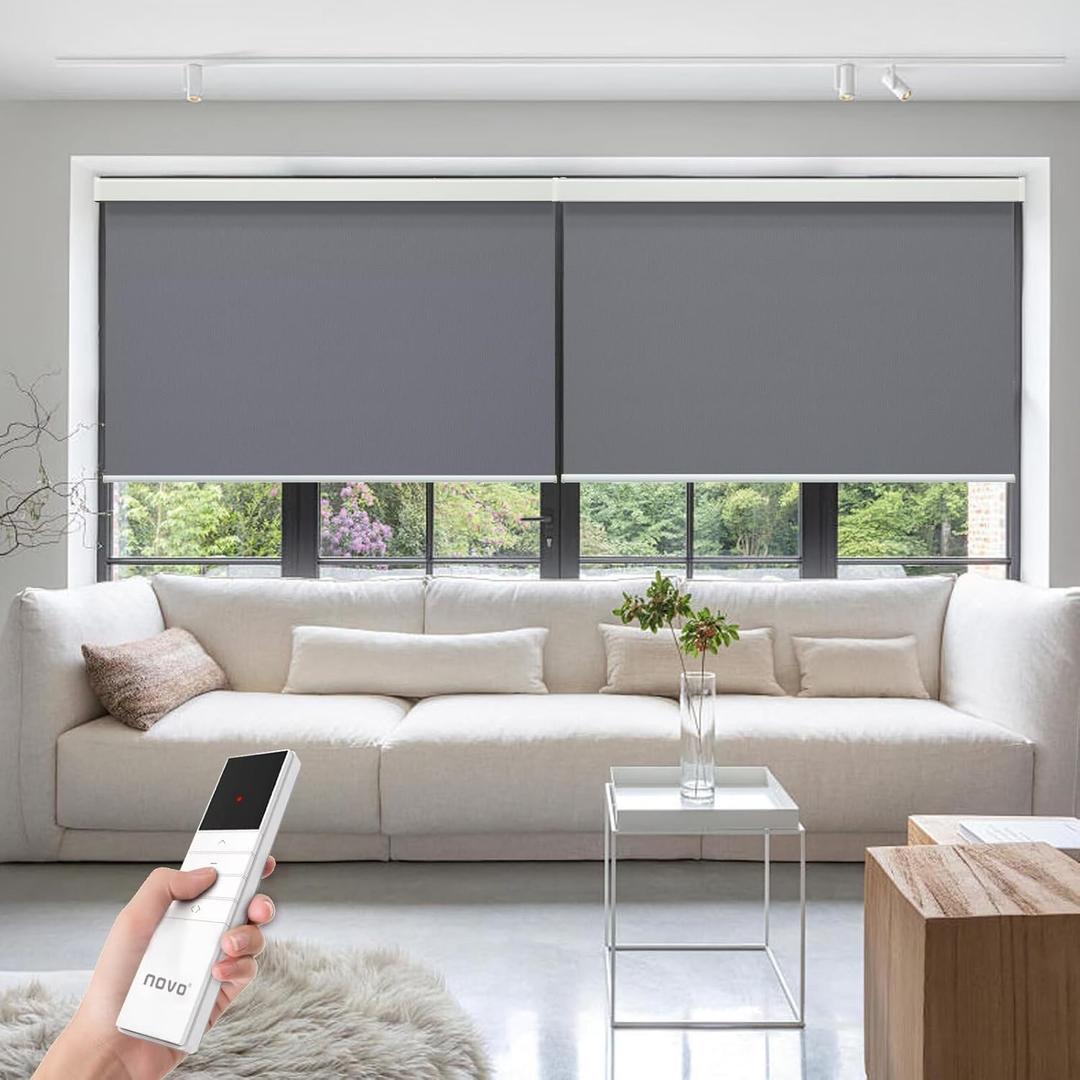 Motorized Roller Blinds with Remote Control for Windows, Blackout Smart Roller Shade, Battery Powered Electric Smart Blind, Custom Size, Dark Grey
