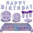 LemonRoad 179 Pcs K Pop Theme Party Supplies Set, K Pop Theme Birthday Tableware Set Purple Holographic Laser Energy Pattern Plates, Tablecloths, Banner, Cups, Napkins, Purple Party Sets for 25 Guests
