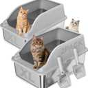 2PACK Stainless Steel Cat Litter Boxes, Large Metal Litter Box with High Sides Lid, Odor Free Litter Pan Include Scoop Easy Cleaning Anti-Scratch Kitty Cat Box Anti-Urine Leakage, Non-Sticky (Light Grey(23in))