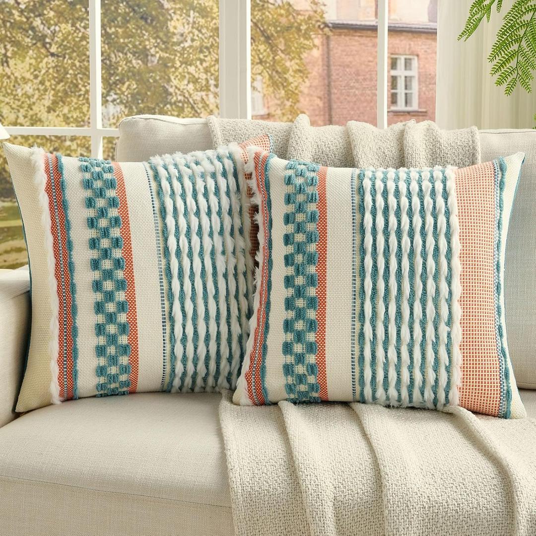 FUTEI Pack of 2 Boho Chenille Decorative Throw Pillow Covers 20x20 Inch Soft Plush Tufted Striped Textured Cushion Case,Farmhouse Accent for Couch Bed Living Room, Teal
