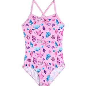 Girls Swimsuit One Piece Bathing Suit with Adjustable Straps Cute Little Kids Swimming Suits Beach Swimwear 4T-12 (7, Seashells Pink)