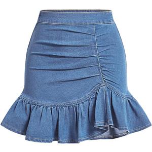 Floerns Women's Denim Skirts Ruffle Hem Short Skirts Ruched Bodycon Mini Skirts (Medium)