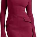 ANRABESS Women's Long Sleeve Mock Neck Sexy Bodycon Mini Dress Dressy Casual Elegant Formal Party Blazer Dresses with Pockets Burgundy X-Large