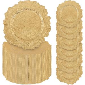 50 Pcs Gold Charger Plates Bulk, 13" Reef Plate Chargers for Dinner Plates, Plastic Floral Decorative Plates for Table Setting, Round Table Chargers for Wedding, Christmas, Party, Event, Decoration