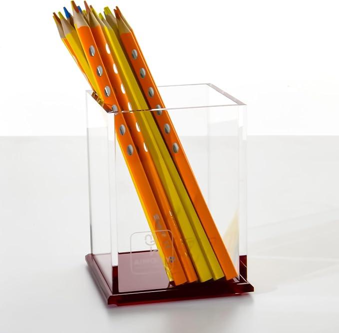 Red Acrylic Pencil Pen Holder Cup, Desk Accessories Holder,Makeup Brush Storage Organizer, Modern Design Desktop Stationery Organizer for Office School Home Supplies, 3.1x 3.1x 4.3 inch