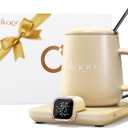Coffee Mug Warmer Set, 1F Precision Temperature Control Smart Heated Mug for Desk, Electric Coffee Warmer with Auto Shut Off & Real-Time Temp Display, Gifts for Men Women, 15oz Ceramic Mug, Beige