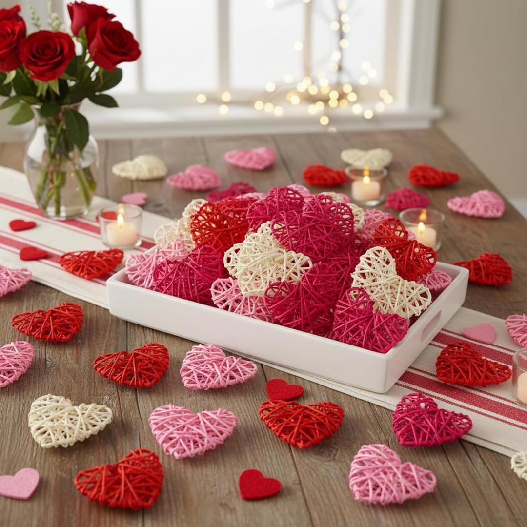 Geosar 24 Pcs Heart Shaped Rattan Balls Mother's Day Bowl Vase Fillers Potpo 4 Colors for Wedding DIY Table Craft Centerpieces Home Decor(3 Inch,Rattan)