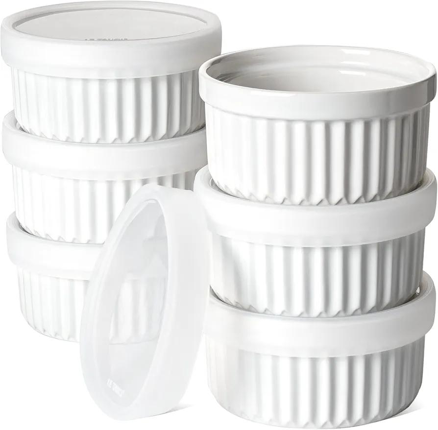 LE TAUCI Ramekins with Lids, [2nd Gen] 4 oz Oven Safe Creme Brulee Ramekin Souffle Dishes with Covers, Stackable Ceramic Bowls for Baking, Pudding, Serving Dip, Custard, Ice Cream, Set of 6, White
