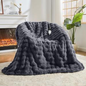 Heated Blanket Electric Throw Blanket 50''X 60''-Heating Blanket with 6 Heat Settings-4 Hours Auto Off,Cozy Faux Rabbit Fur Bubble Electric Blanket,Dark Gray