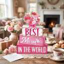 Yousoontic 4 Pcs Mother's Day Wooden Table Decor, Best Mom in the World Tiered Blocks Sign Pink Floral Tabletop Home Decoration Gift for Mom, Rose Bouquet Shelf Centerpiece for Birthday Celebration